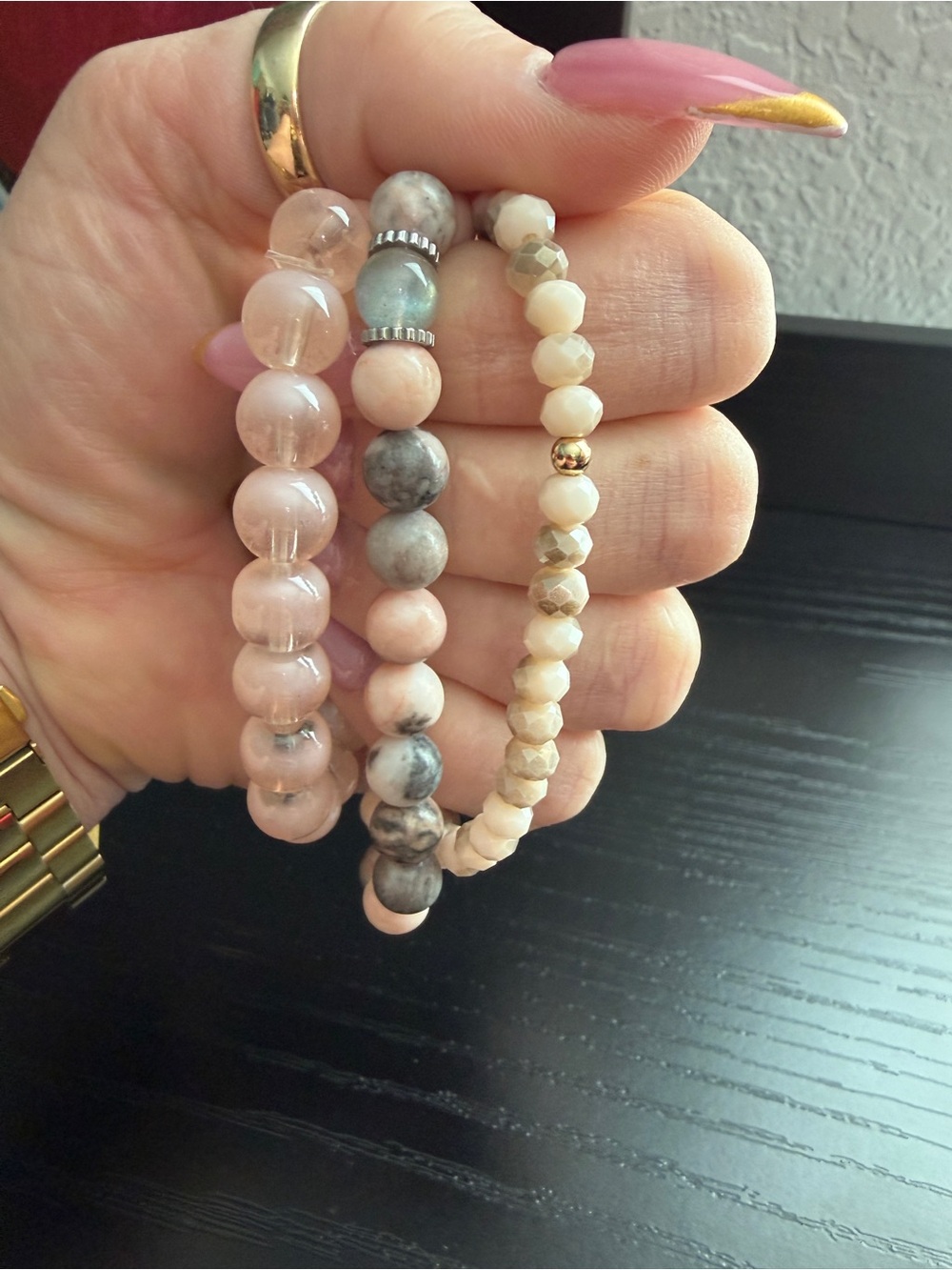 Delicate Pink Stone Stretch Bracelet Set - Women Jewelry